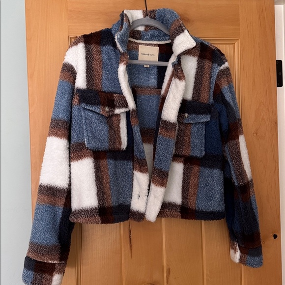 Thread & Supply Crop Fleece Shirt Jacket- Blue & Brown Plaid - Picture 2 of 3